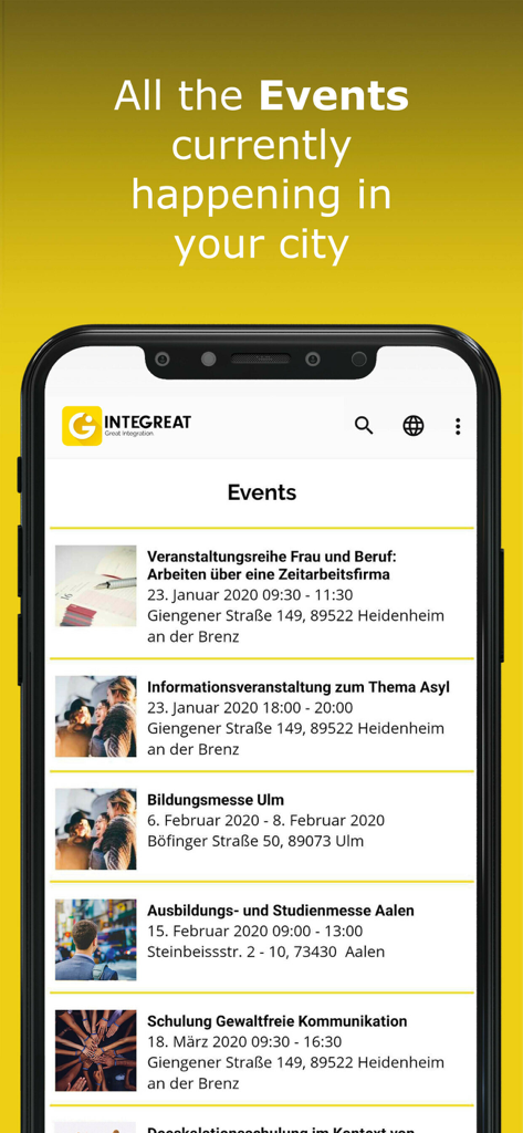 Mobile screen of the Integreat app showing a list of local community events and workshops in the city.