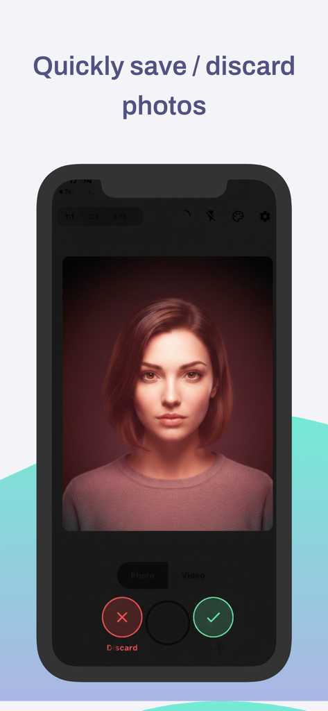 Interface of LittyCam showing a portrait photo preview with red discard and green save buttons.