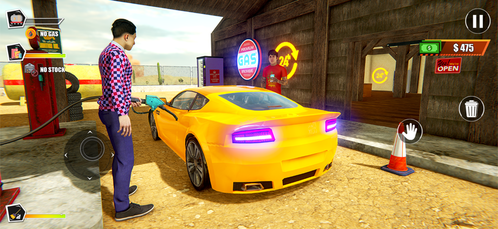 Um personagem com camisa xadrez reabastecendo um carro esportivo amarelo em um posto de gasolina no deserto no Gas Station Manager Simulator.