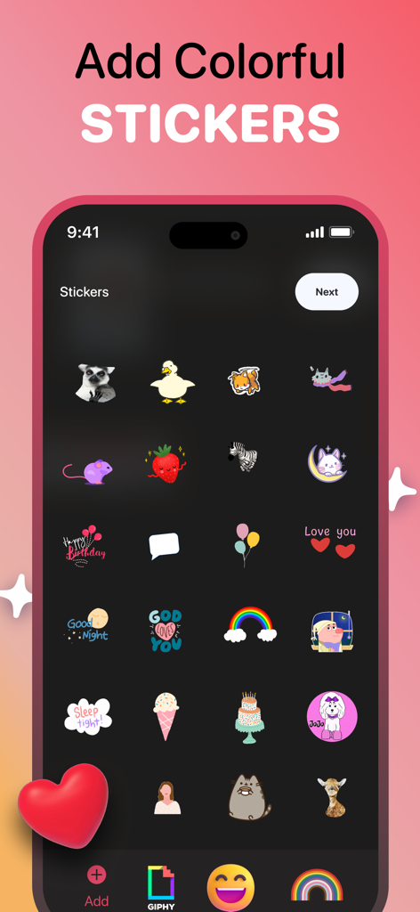 Boomerang - Video Loop Maker - Uma interface de aplicativo móvel mostrando uma seleção de adesivos coloridos e GIFs para edição de vídeo