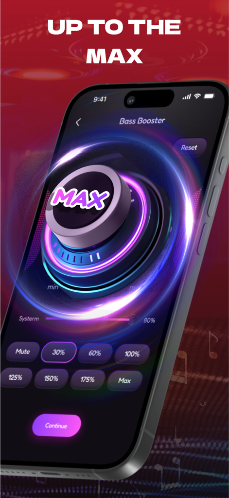 Louder Music: Ai Boom Booster - Smartphone screen displaying the bass booster feature in the Louder Music app with a glowing dial set to max.