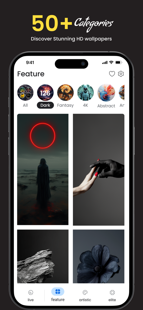 OMW app displaying wallpaper categories and artistic 4K backgrounds on iPhone