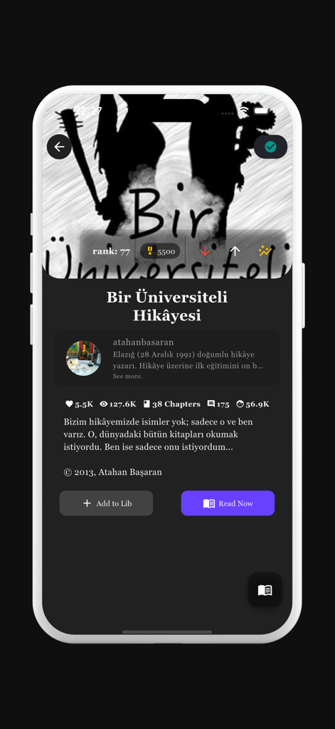 Kittap - Read & Write Books - A mobile screen showing the detail page of a story on the Kittap app featuring book stats author information and options to read now or add to library