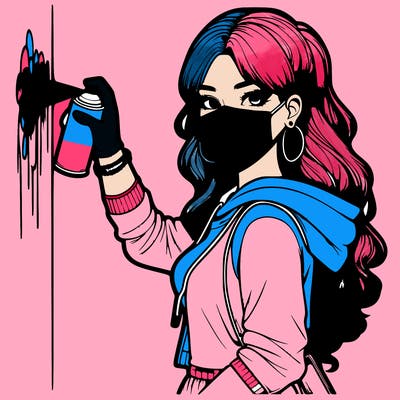 realistic girl with mask spray painting a wall