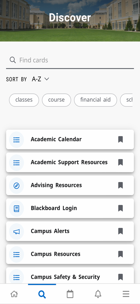 Wor-Wic Mobile - Tela Discover do aplicativo Wor-Wic Mobile mostrando uma lista de recursos do campus, como Calendário Acadêmico e Alertas do Campus
