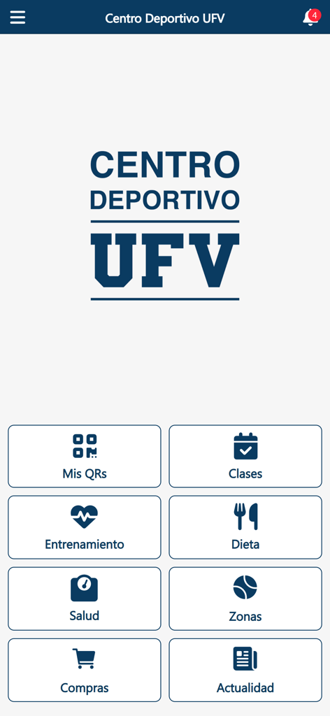 Panel principal de la aplicación del Centro Deportivo UFV mostrando opciones de menú para clases, entrenamiento y seguimiento de la salud
