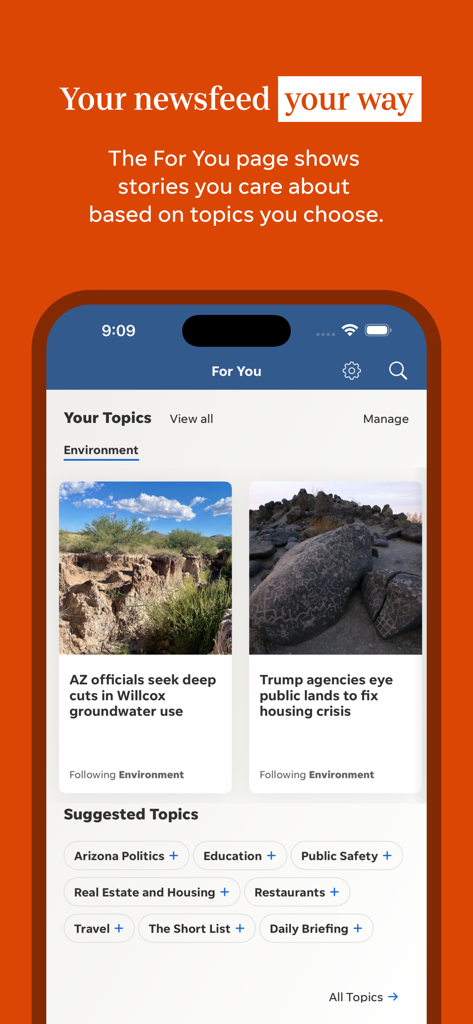 azcentral - A mobile screen showing the azcentral app For You page with personalized Arizona news topics and suggested categories.