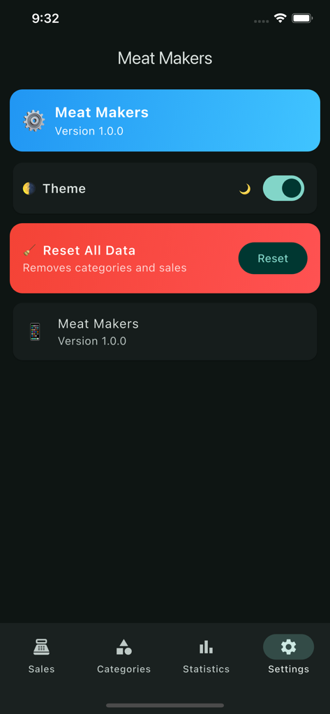 The settings menu of the Meat Makers app featuring dark mode toggle and data reset options.