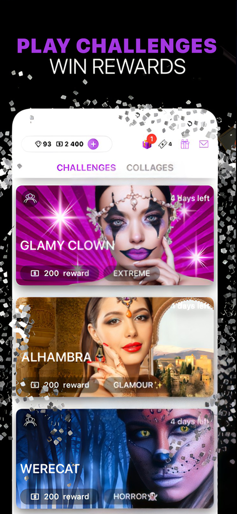 Makeup Creator: Makeup Games - Screenshot of Makeup Creator game showing various makeup theme challenges like Glamy Clown, Alhambra, and Werecat with rewards.