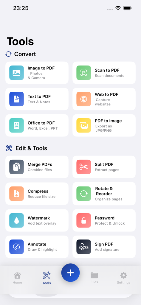 PDF: Converter - Interface of the PDF Converter app displaying tools for document conversion, merging, compression, and electronic signatures.