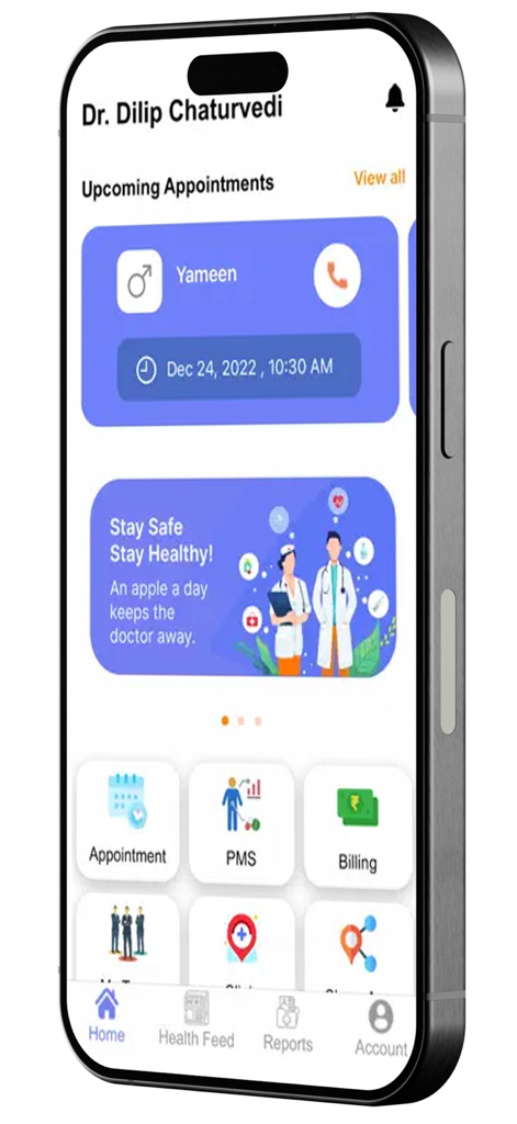 予約と請求アイコンを表示する医師の診療管理アプリのモバイルダッシュボード