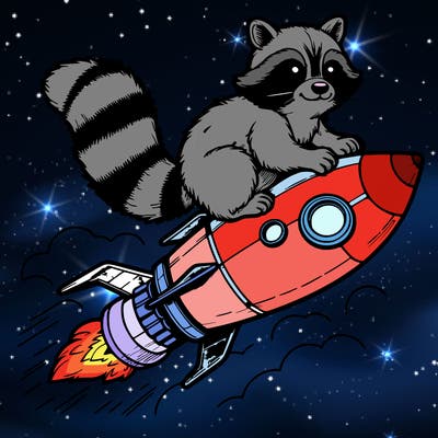 realistic raccoon flying on top rocket ship