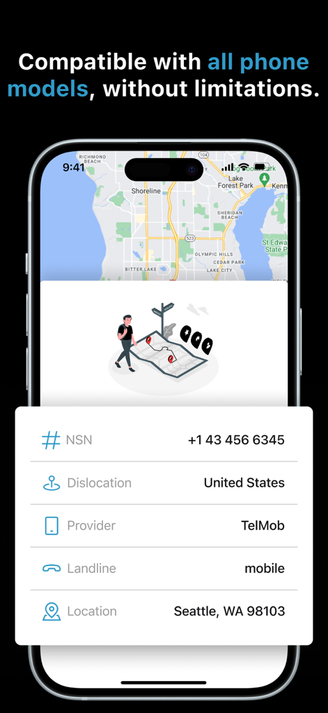 Mobile app screenshot showing location tracking details and map for a specific phone number.