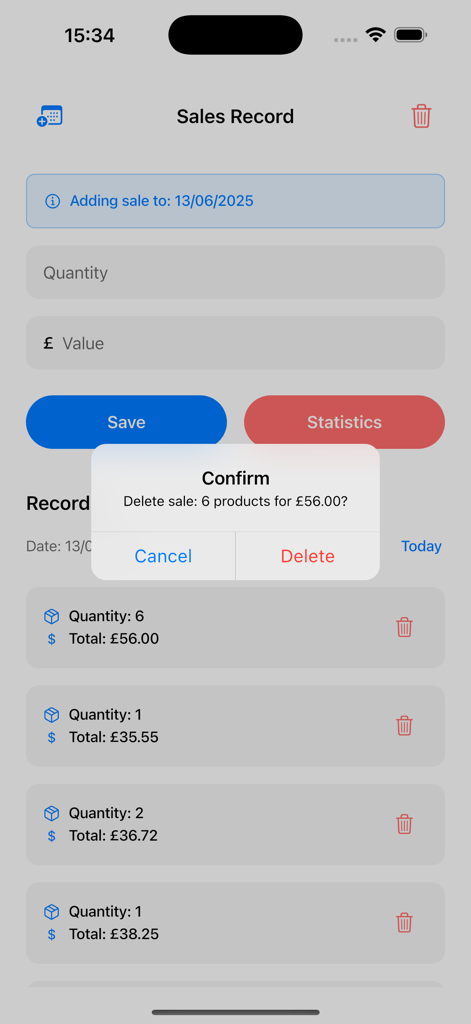Sales Record app screen showing transaction list and delete confirmation pop up