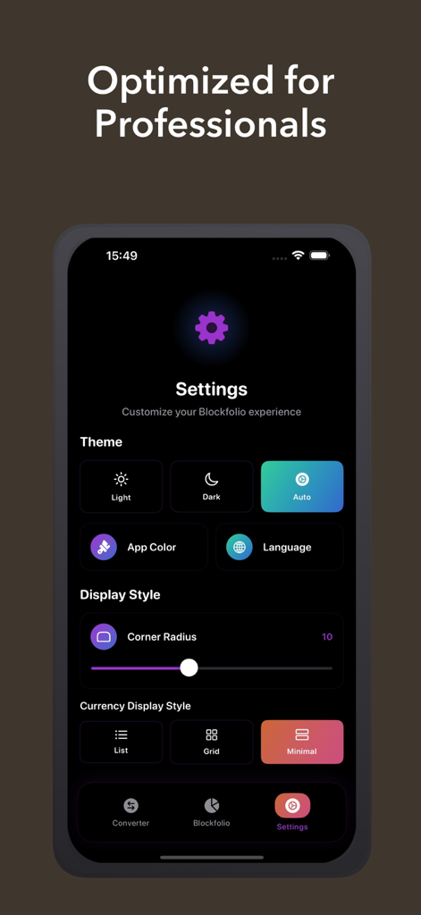 Blockfolio Pro: Crypto Tracker - Settings screen of Blockfolio Pro app showing theme and display style customization options for professional investors