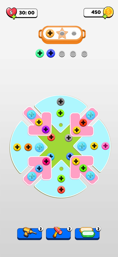 Unscrew Nuts and Bolts Jam - Uma captura de tela do jogo de quebra-cabeça mobile Unscrew Nuts and Bolts Jam com parafusos coloridos e placas de metal