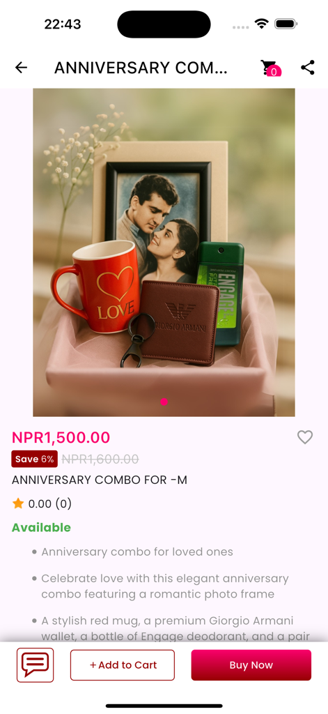 Gift Durbar - Aplicación móvil Gift Durbar mostrando un conjunto de regalos de aniversario seleccionado para hombres con un marco de fotos, taza y billetera de cuero