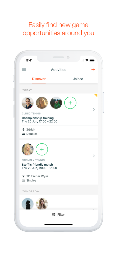 GotCourts mobile app screen showing a list of tennis matches and training sessions available to join.
