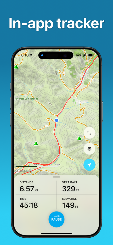 Peakery - Smartphone screen showing the Peakery in-app tracker with a topographic map and hiking statistics like vertical gain and elevation.
