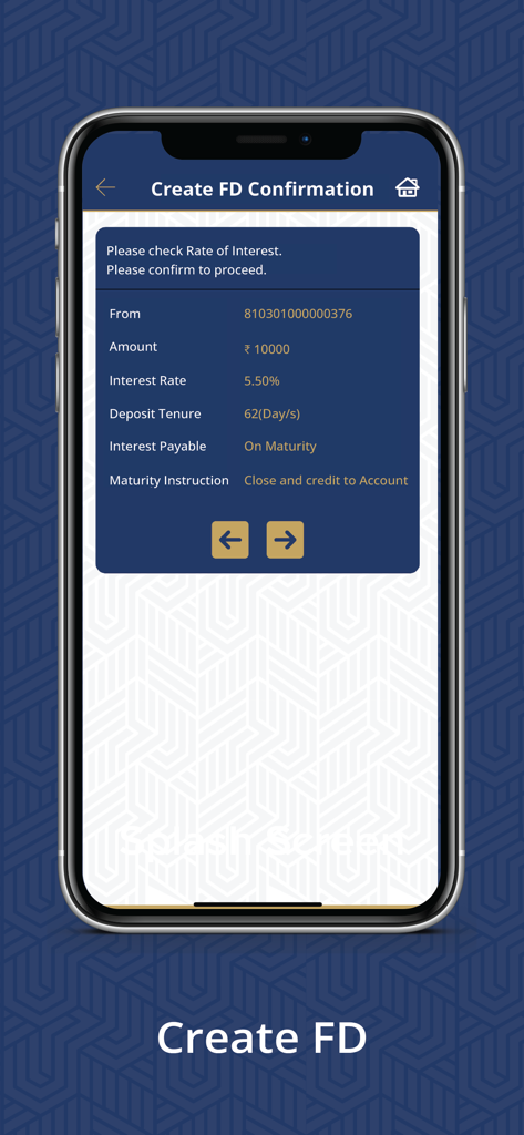SBM Bank India Ltd - SBM Bank India mobile app screen showing a confirmation for creating a fixed deposit with details like amount interest rate and tenure