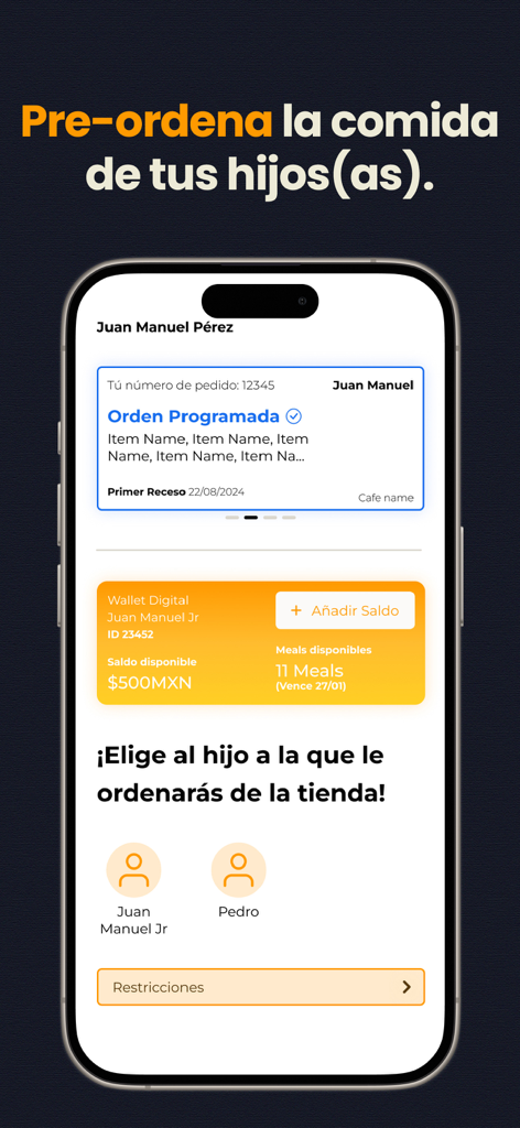 Coco APP - Interfaccia mobile di Coco APP che mostra una funzione per preordinare pasti scolastici per bambini con un portafoglio digitale e la selezione del profilo dello studente.
