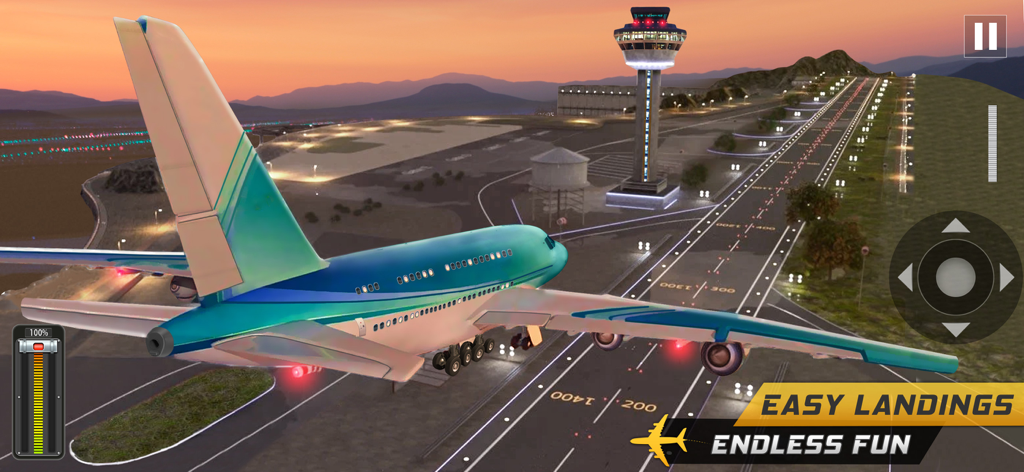 SkyDrift: Airplane Game 3D - Un gran avión comercial acercándose a una pista de aeropuerto para aterrizar al atardecer en el juego móvil SkyDrift