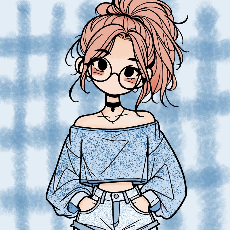 girl with a messy ponytail glasses a baggy crop top and jean shorts