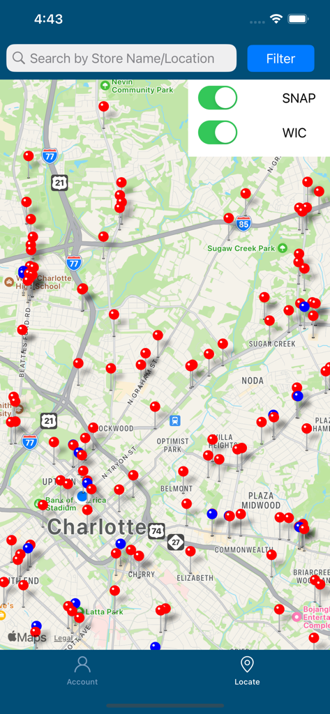 ebtEDGE - Vista mappa dell'app ebtEDGE che mostra le posizioni dei rivenditori SNAP e WIC a Charlotte