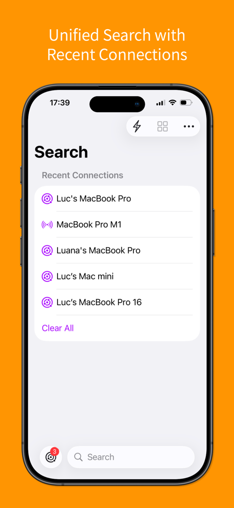 Screens for Organizations - Unified search interface displaying recent remote connections on an iPhone.