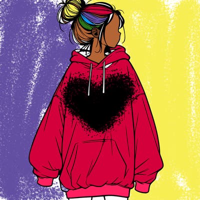 realistic girl with a oversized sweatshirt on and a bun