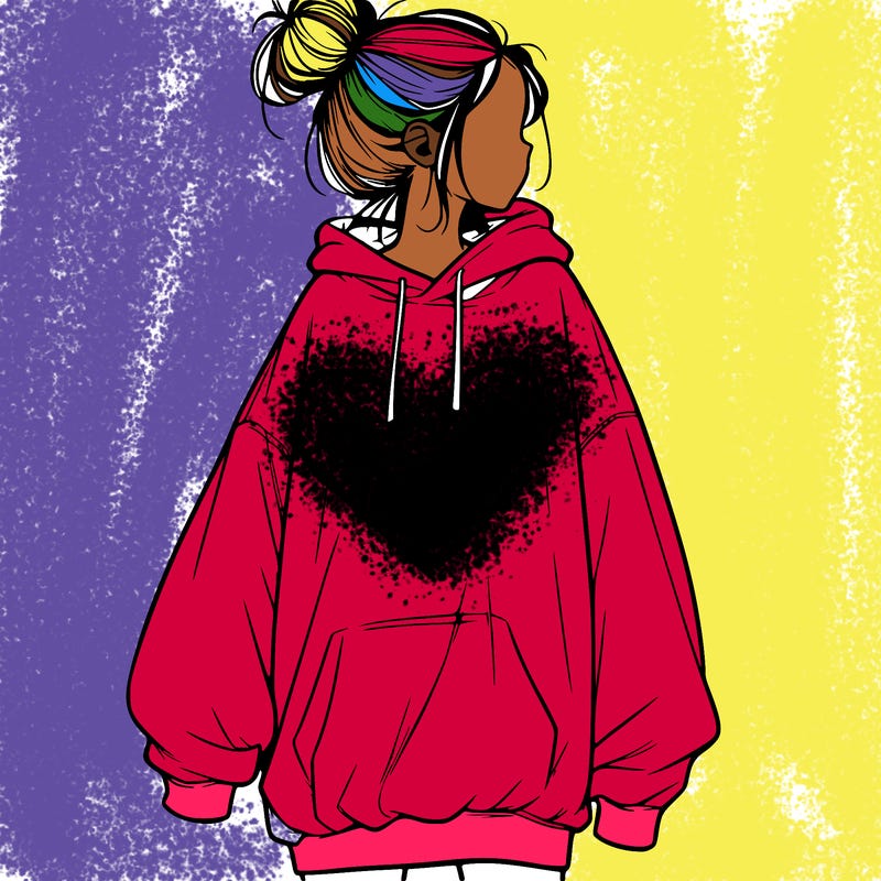 realistic girl with a oversized sweatshirt on and a bun