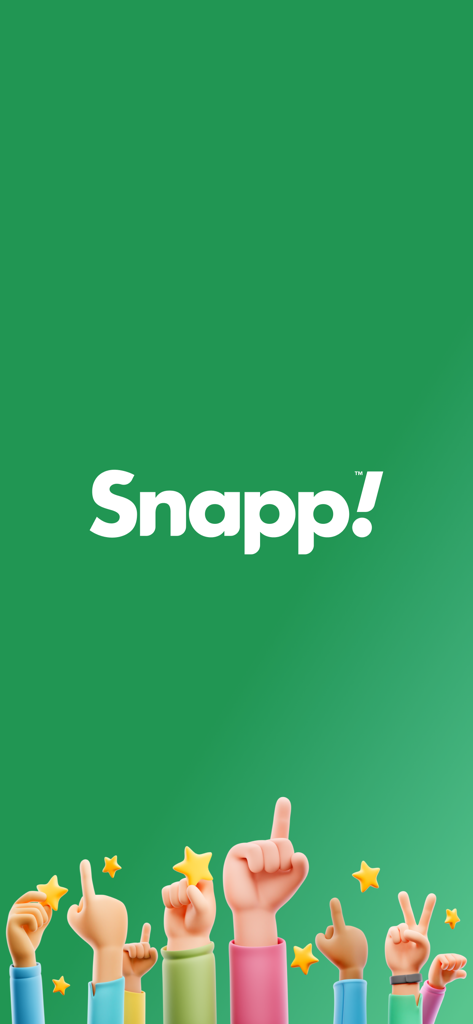 Snapp app logo on a green background with 3D cartoon hands holding stars and making gestures.