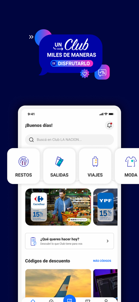 Club LA NACION - Interfaz de la app Club LA NACION mostrando categorías de descuentos para gastronomía, viajes y comercio minorista.