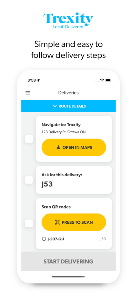 Trexity Driver - Trexity Driver app showing simple delivery steps and navigation details