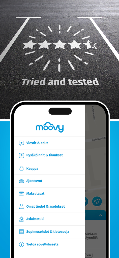 Moovy, Finnish parking app - Moovy駐車アプリのメニューと5つ星評価を表示するスマートフォン