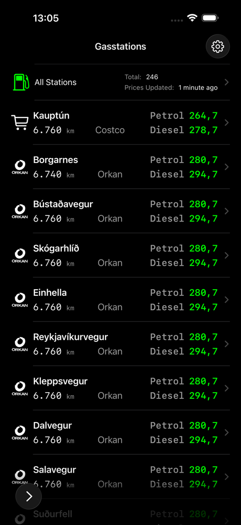 Bensin app interface showing a list of gas stations in Iceland with fuel prices and distances.