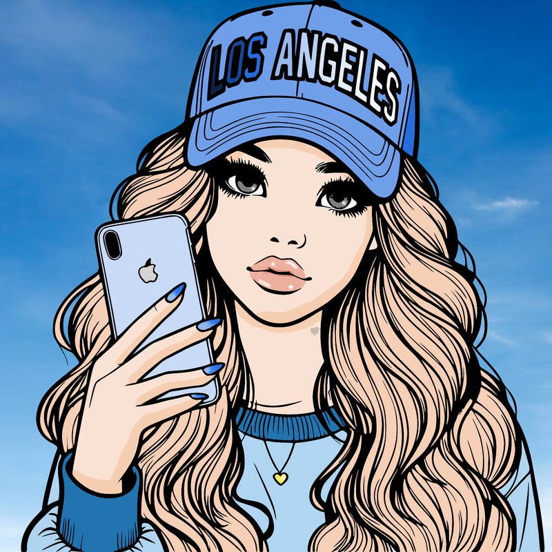 realistic beautiful girl wearing los ángeles cap holding an iphone
