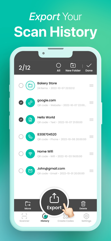QR Code · Barcode Reader&Maker - Mobile app screen displaying organized scan history with an export button for QR codes and barcodes.