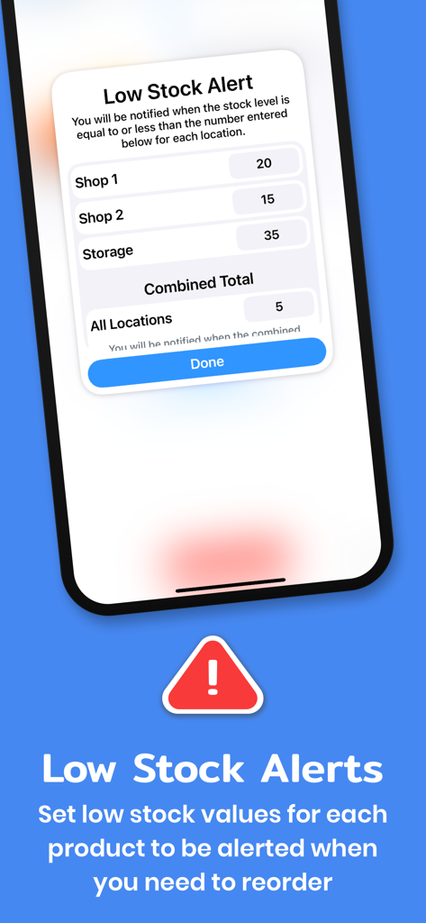 Stock Control mobile app interface showing custom low stock alert settings for multiple storage locations