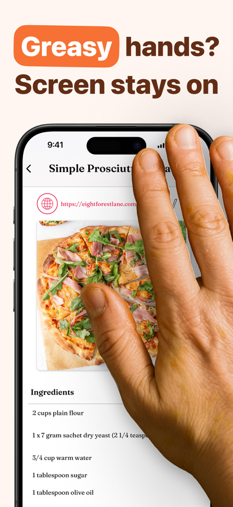 Recipe Keeper Box - OrganizEat - Smartphone displaying a pizza recipe with a headline about the screen staying on for greasy hands while cooking