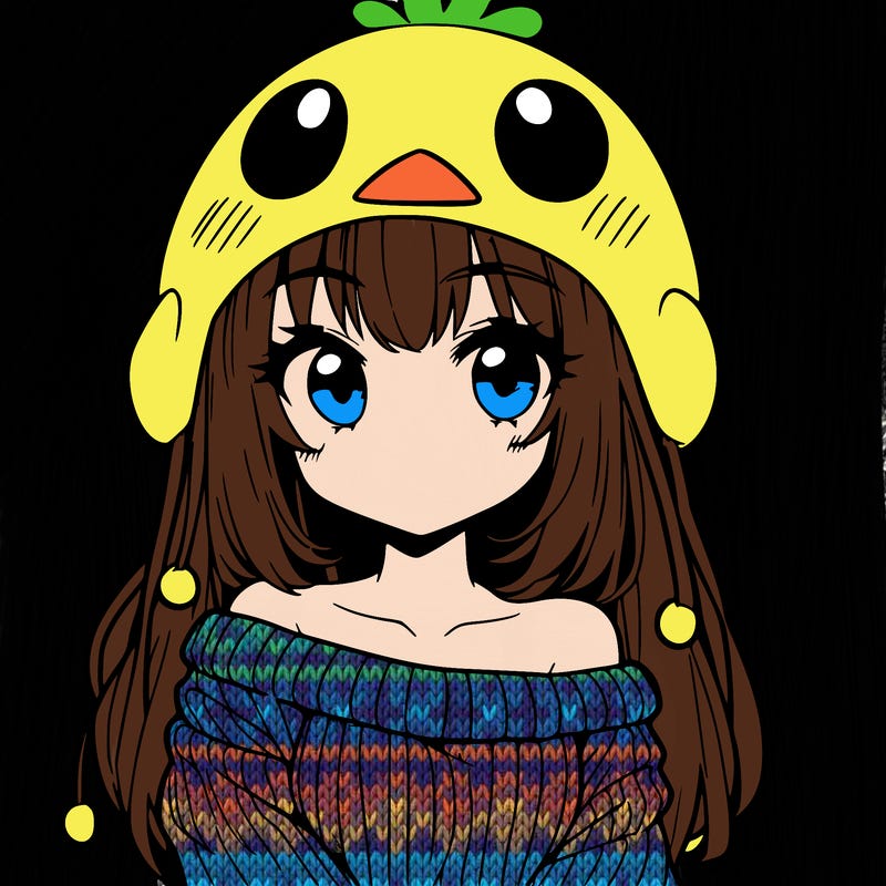 anime girl with chick shaped hat with sweater with bare shoulders with bangs covering them one eye with low tail