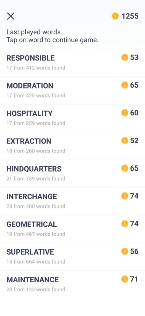 Find Words in Word - Typer - Screenshot of the Typer app showing a list of recently played words with progress and coin rewards