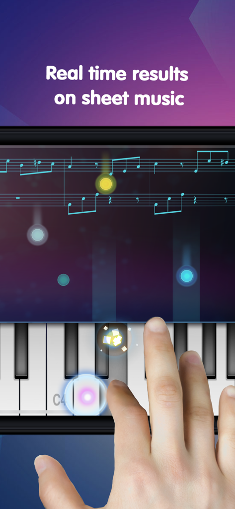 Una persona che gioca a Piano Rush su un dispositivo mobile mostrando feedback della notazione musicale in tempo reale e palline che cadono su una tastiera.