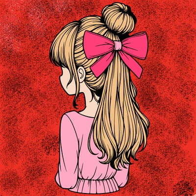 realistic girl  with hip length hair a bun and a big bow on the back of head