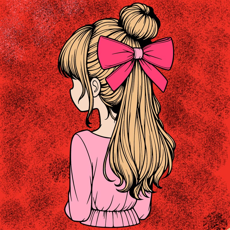 realistic girl  with hip length hair a bun and a big bow on the back of head