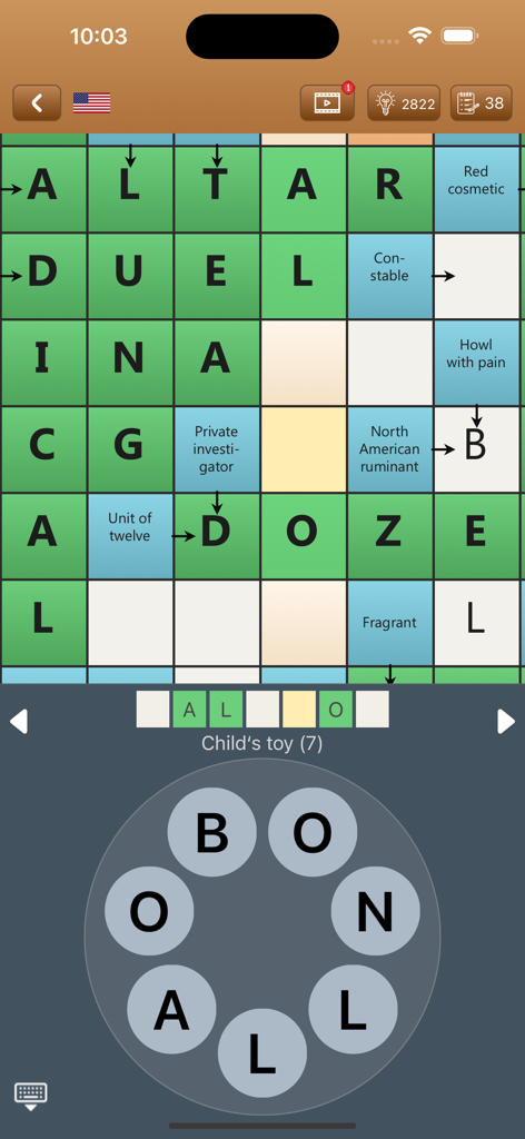 Сканворд Фан - Gameplay screenshot of the Scanword Fan app showing an English word grid with clues and a letter wheel at the bottom.