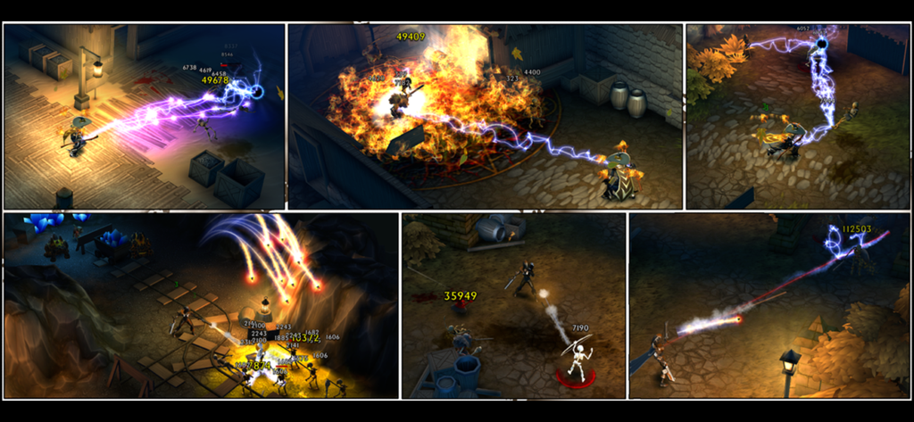 Gameplay screenshots of Eternium showing various combat scenes and magic abilities