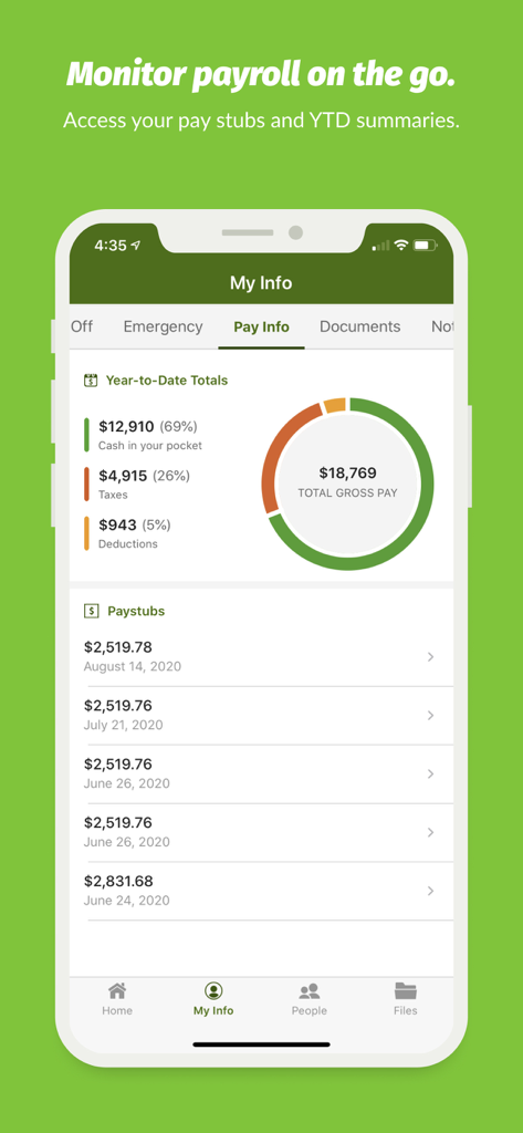 Tela do aplicativo móvel BambooHR exibindo informações de folha de pagamento e uma lista de contracheques