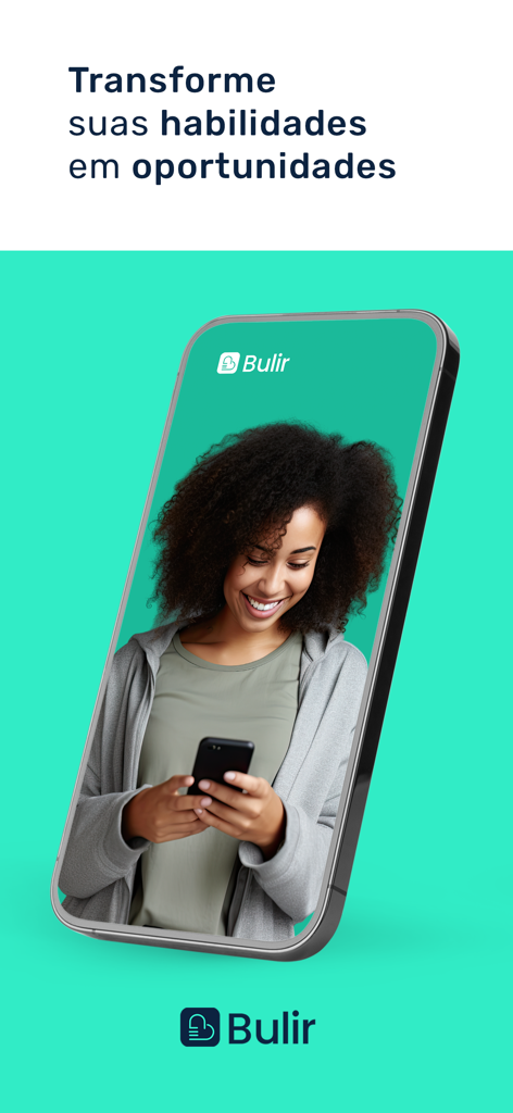 Bulir Prestador - A smiling woman using a smartphone with the Bulir Prestador logo and text about transforming skills into opportunities