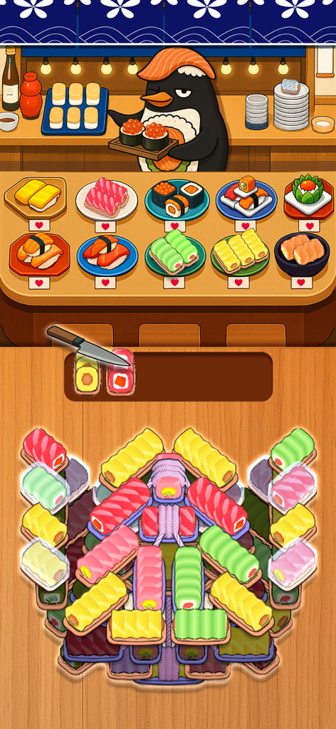 Penguin chef serving colorful sushi rolls in a sorting puzzle game
